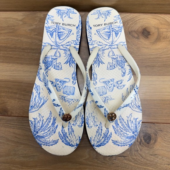 Tory Burch Shoes - Tory Burch Far And Away Flip Flops Womens 8 M Blue Cream Travel Thong Sandals